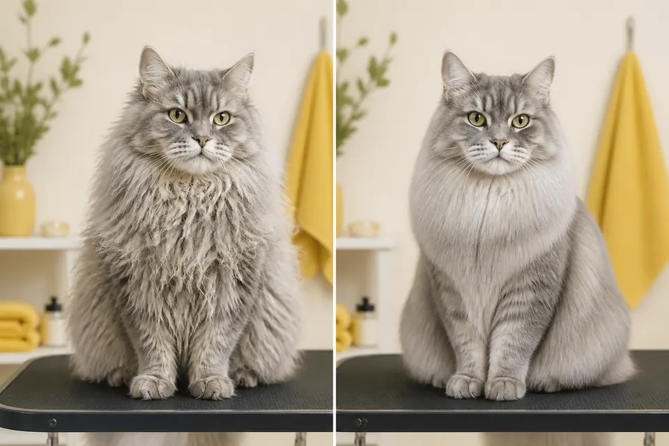 Before and after grooming transformation for a fluffy grey cat