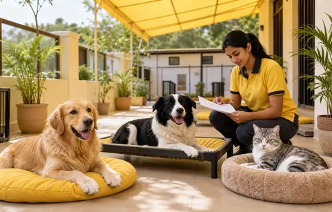 A cat and dogs enjoying a calm pet boarding space with a caregiver