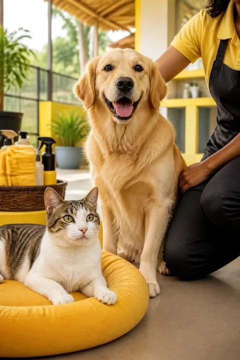 Dog and cat with a Jolly Pups care handler